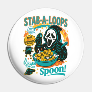 Stab-A-Loops Cereal, Funny Horror Halloween, Ghost Mask Retro, Killer Breakfast, Spooky Slasher Pin