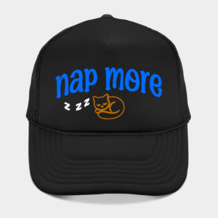 Nap More – Cozy Sleeping Cat Design with Blue Text and ZZZs Hat