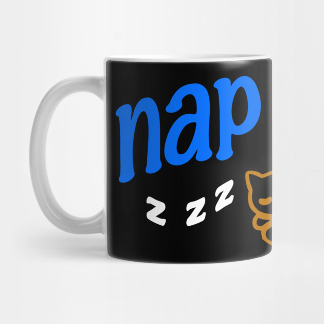 Nap More – Cozy Sleeping Cat Design with Blue Text and ZZZs by DonWillisJrArt