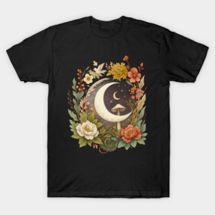 Aesthetic Goblincore Cottagecore Mushroom Moon Floral Design T-Shirt