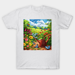 Vibrant Butterfly Garden Art | Colorful Floral Meadow Illustration | Enchanting Summer Bloom Design T-Shirt