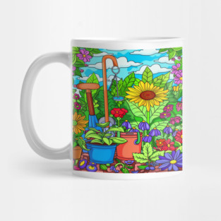 Vibrant Garden Oasis Art | Colorful Floral Backyard Illustration | Enchanting Summer Planting Design Mug