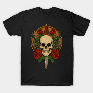 Skull with Guns and Roses - Retro Rock Metal Artwork T-Shirt