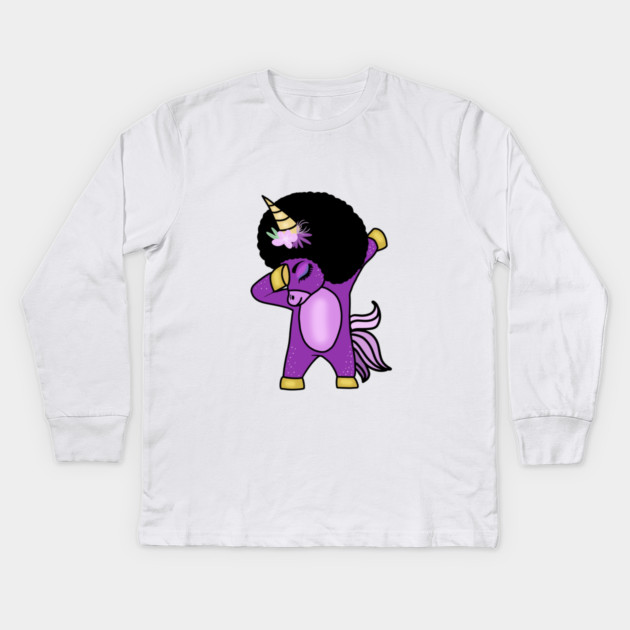 Funny Afro Unicorn Melanin dab dance Kids Long Sleeve T-Shirt by logiamerch
