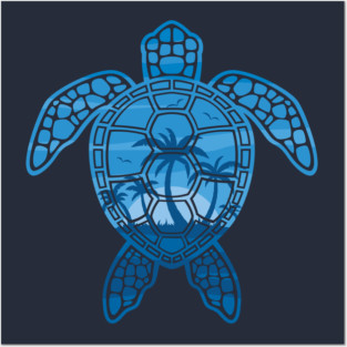 Tropical Island Sea Turtle Design in Blue Posters and Art