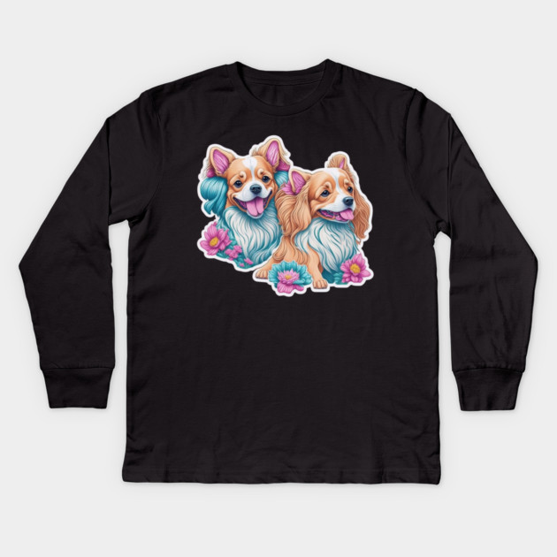 Cartoon Style Long Haired Dogs – Small and Fluffy Friends Kids Long Sleeve T-Shirt by IamActiveDog