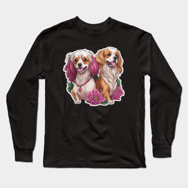 Fluffy Short Dog Duo with Long Hair – Fun Puppy Art Long Sleeve T-Shirt by IamActiveDog