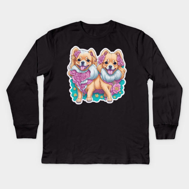 Happy Long Hair Dogs – Short-Legged Puppy Pair Kids Long Sleeve T-Shirt by IamActiveDog