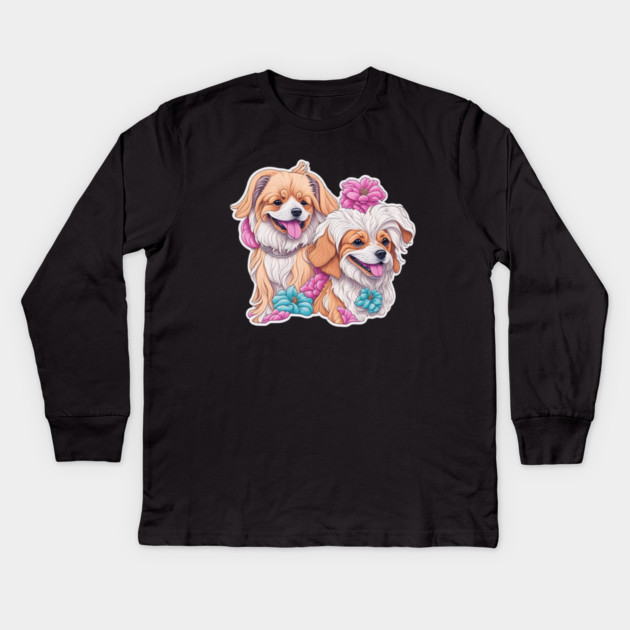 Long Haired Short Dogs – Adorable Cartoon Dog Duo Kids Long Sleeve T-Shirt by IamActiveDog