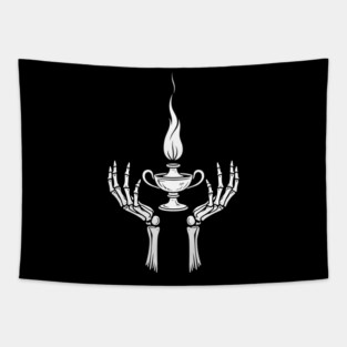 Skeleton Hands Holding Flame Chalice Gothic Occult Art Tapestry
