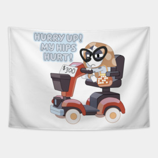 “Hurry Up! My Hips Hurt!” – Muffin on the Granny Mobile Tapestry