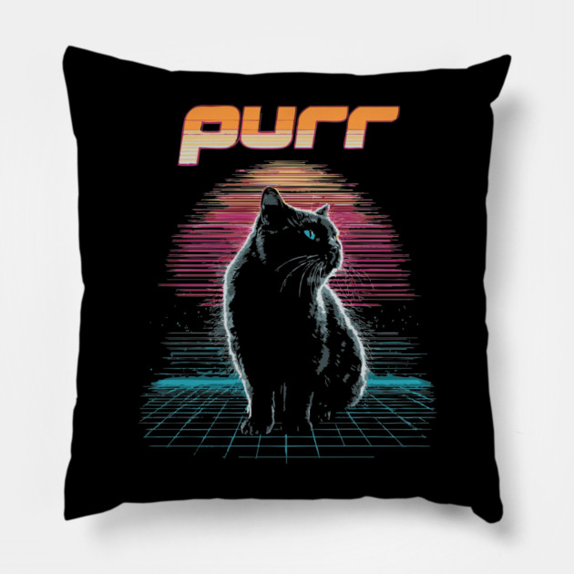 Purr Synthwave Cat T-Shirt - Retro Black Cat Design Pillow by TuncGK