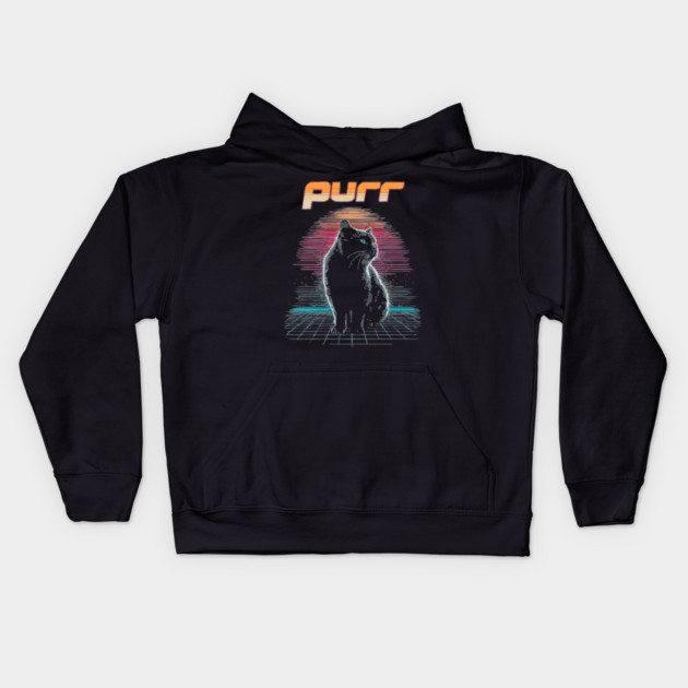 Purr Synthwave Cat T-Shirt - Retro Black Cat Design Kids Hoodie by TuncGK