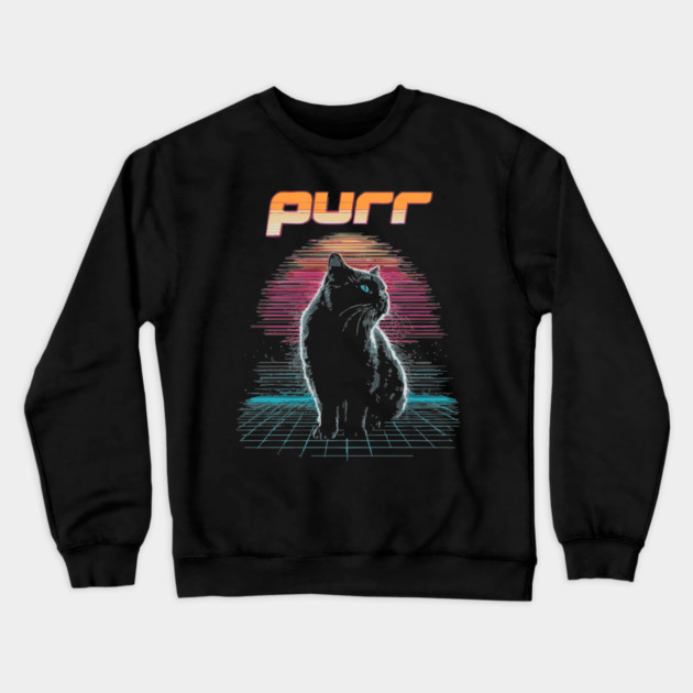Purr Synthwave Cat T-Shirt - Retro Black Cat Design Crewneck Sweatshirt by TuncGK