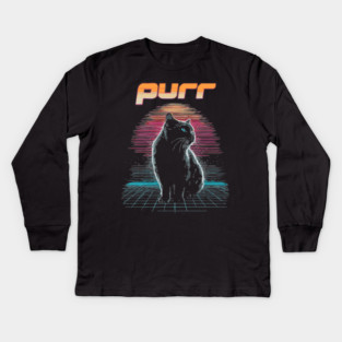 Purr Synthwave Cat T-Shirt - Retro Black Cat Design Kids Long Sleeve T-Shirt