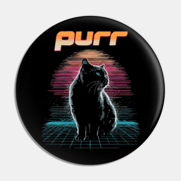 Purr Synthwave Cat T-Shirt - Retro Black Cat Design Pin by TuncGK