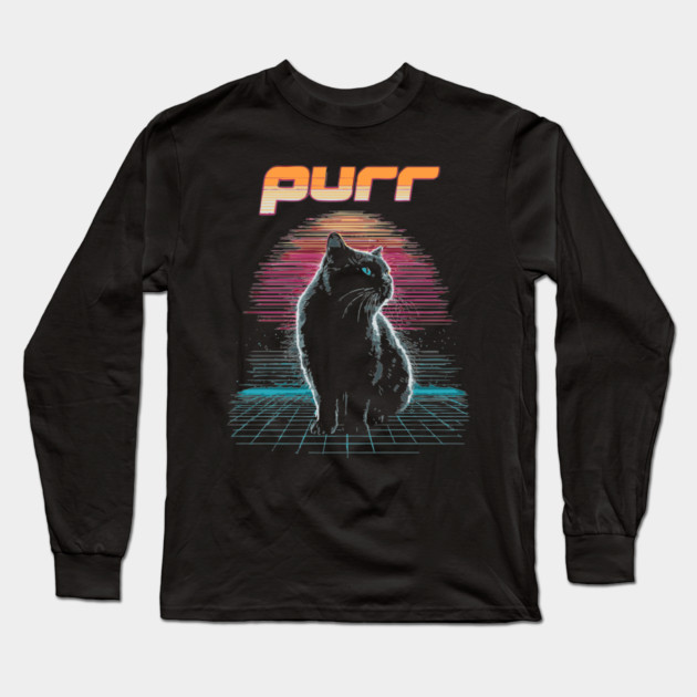 Purr Synthwave Cat T-Shirt - Retro Black Cat Design Long Sleeve T-Shirt by TuncGK