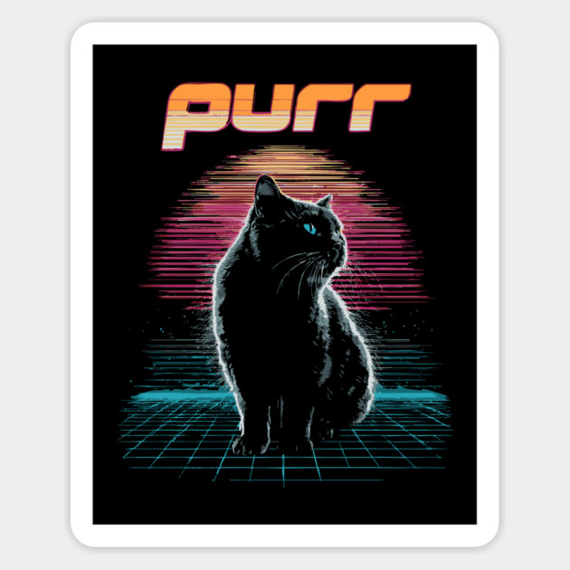 Purr Synthwave Cat T-Shirt - Retro Black Cat Design Magnet by TuncGK