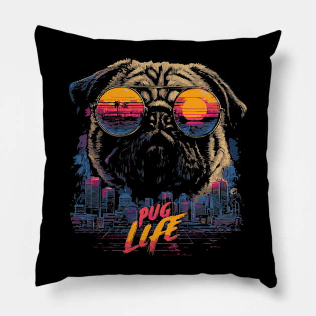 Cyber Pug Life Retrowave T-Shirt - Cyberpunk Dog Design Pillow by TuncGK