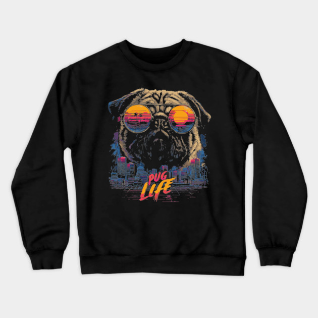 Cyber Pug Life Retrowave T-Shirt - Cyberpunk Dog Design Crewneck Sweatshirt by TuncGK