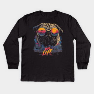 Cyber Pug Life Retrowave T-Shirt - Cyberpunk Dog Design Kids Long Sleeve T-Shirt