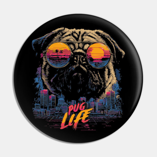 Cyber Pug Life Retrowave T-Shirt - Cyberpunk Dog Design Pin by TuncGK