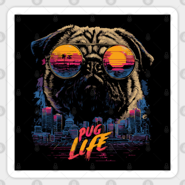 Cyber Pug Life Retrowave T-Shirt - Cyberpunk Dog Design Sticker by TuncGK