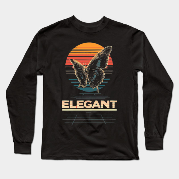 Elegant Butterfly Retrowave T-Shirt - Synthwave Sunset Butterfly Design Long Sleeve T-Shirt by TuncGK