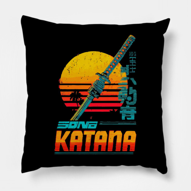 Retrowave Katana T-Shirt - Synthwave Samurai Sword Design Pillow by TuncGK