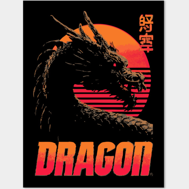 Dragon Retrowave T-Shirt - Synthwave Fantasy Dragon Design Wall Art by TuncGK