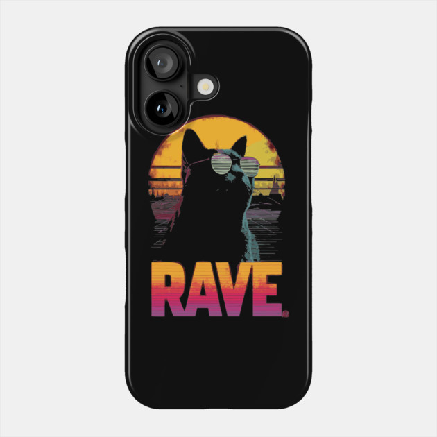 Rave Cat Retrowave T-Shirt - Synthwave Party Cat Design Phone Case by TuncGK