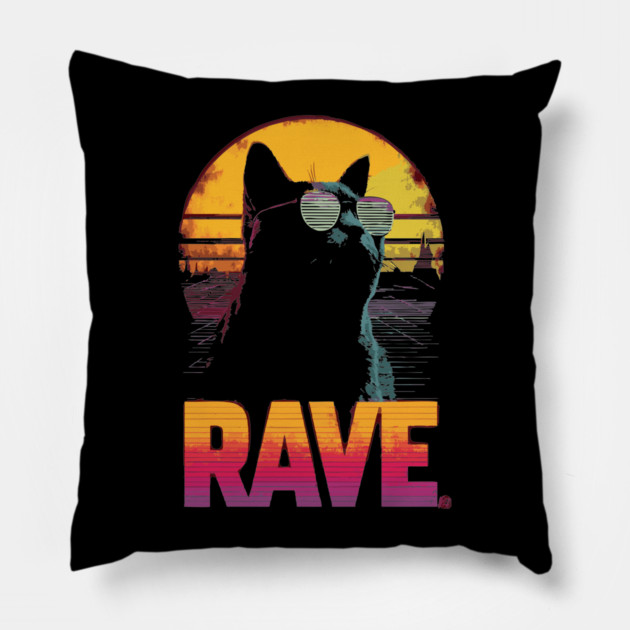 Rave Cat Retrowave T-Shirt - Synthwave Party Cat Design Pillow by TuncGK