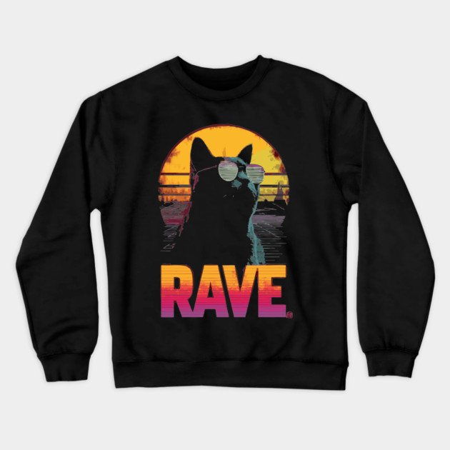 Rave Cat Retrowave T-Shirt - Synthwave Party Cat Design Crewneck Sweatshirt by TuncGK