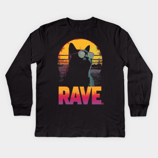 Rave Cat Retrowave T-Shirt - Synthwave Party Cat Design Kids Long Sleeve T-Shirt by TuncGK