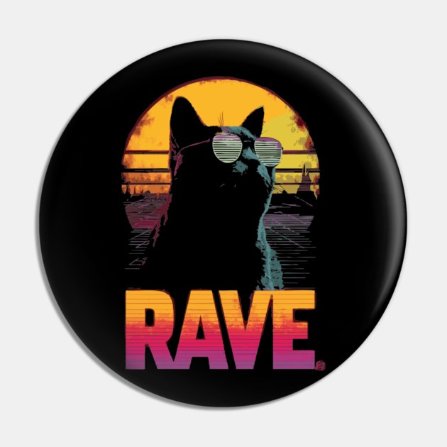 Rave Cat Retrowave T-Shirt - Synthwave Party Cat Design Pin by TuncGK