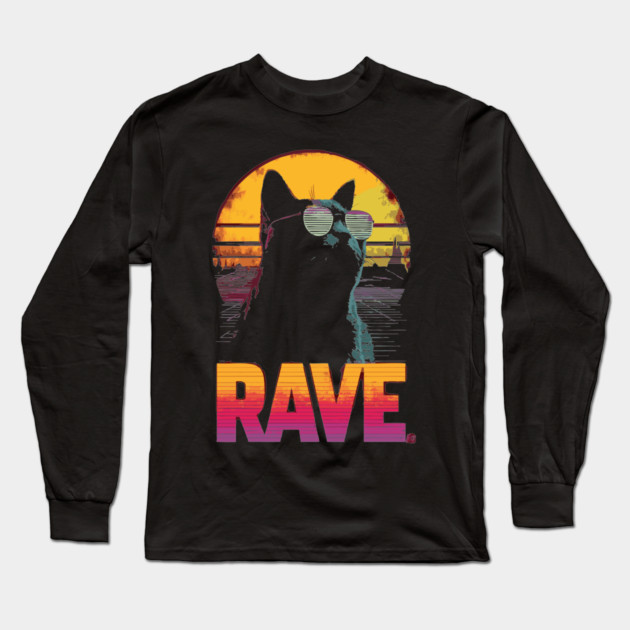 Rave Cat Retrowave T-Shirt - Synthwave Party Cat Design Long Sleeve T-Shirt by TuncGK