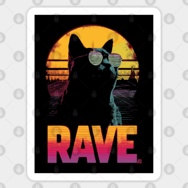 Rave Cat Retrowave T-Shirt - Synthwave Party Cat Design Sticker by TuncGK