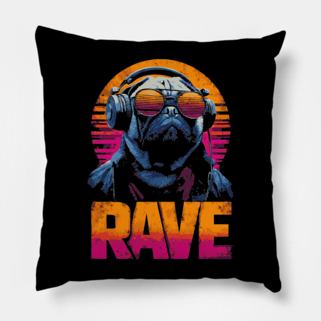 Rave Pug Retrowave T-Shirt - Synthwave Party Pug Design Pillow by TuncGK
