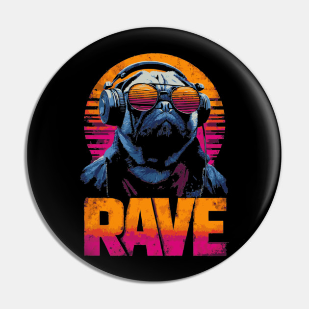 Rave Pug Retrowave T-Shirt - Synthwave Party Pug Design Pin by TuncGK