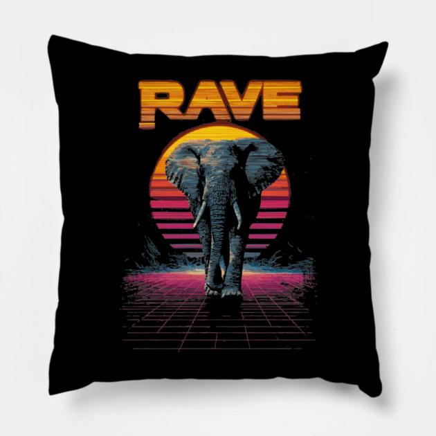 Rave Elephant Retrowave T-Shirt - Synthwave Party Elephant Design Pillow by TuncGK
