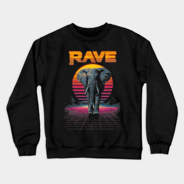 Rave Elephant Retrowave T-Shirt - Synthwave Party Elephant Design Crewneck Sweatshirt by TuncGK
