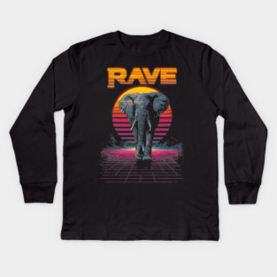 Rave Elephant Retrowave T-Shirt - Synthwave Party Elephant Design Kids Long Sleeve T-Shirt