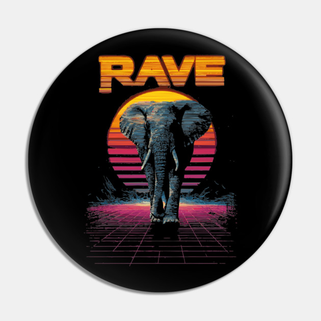 Rave Elephant Retrowave T-Shirt - Synthwave Party Elephant Design Pin by TuncGK