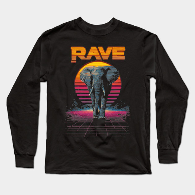 Rave Elephant Retrowave T-Shirt - Synthwave Party Elephant Design Long Sleeve T-Shirt by TuncGK