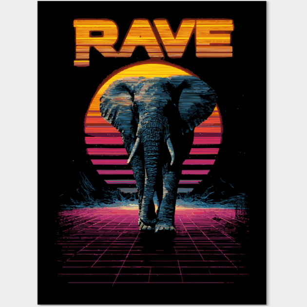 Rave Elephant Retrowave T-Shirt - Synthwave Party Elephant Design Wall Art by TuncGK
