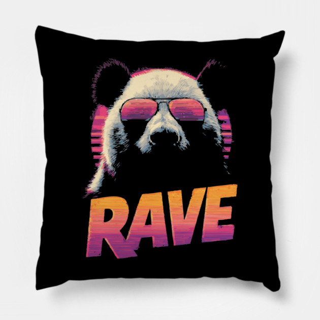 Rave Panda Retrowave T-Shirt - Synthwave Party Panda Design Pillow by TuncGK