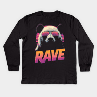 Rave Panda Retrowave T-Shirt - Synthwave Party Panda Design Kids Long Sleeve T-Shirt
