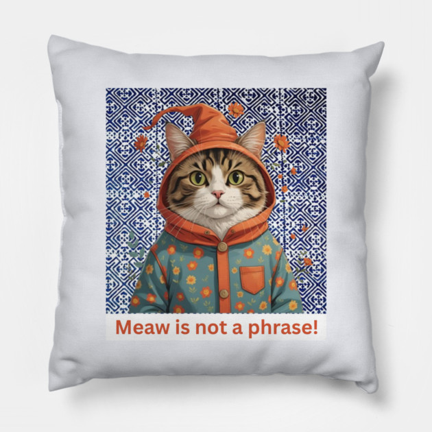 Meaw Is Not a Phrase – Indigo Hmong Cat Vibe Pillow by Pimcolle