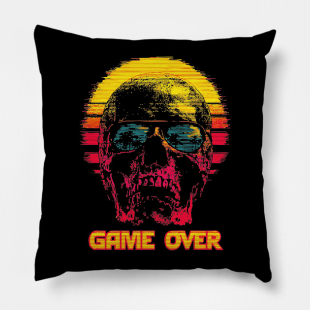 Gamer Skull with Retro Game Over Text Pillow by TuncGK