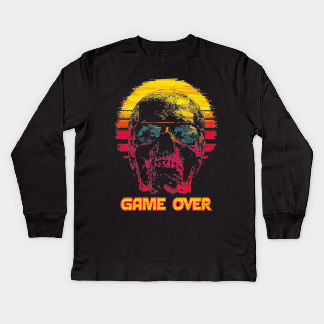 Gamer Skull with Retro Game Over Text Kids Long Sleeve T-Shirt by TuncGK